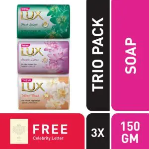 Free Celebrity Letter with Trio Pack of Lux Fresh Splash Soap 150gm + Lux Purple Lotus Soap 150gm + Lux Velvet Touch Peach and Cream Soap 150gm.