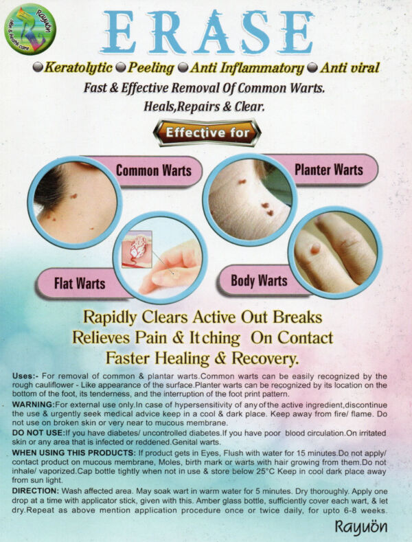 Rayuon Skincare Erase (15ml) For Removal of Common Warts, Heals Repairs & Clear